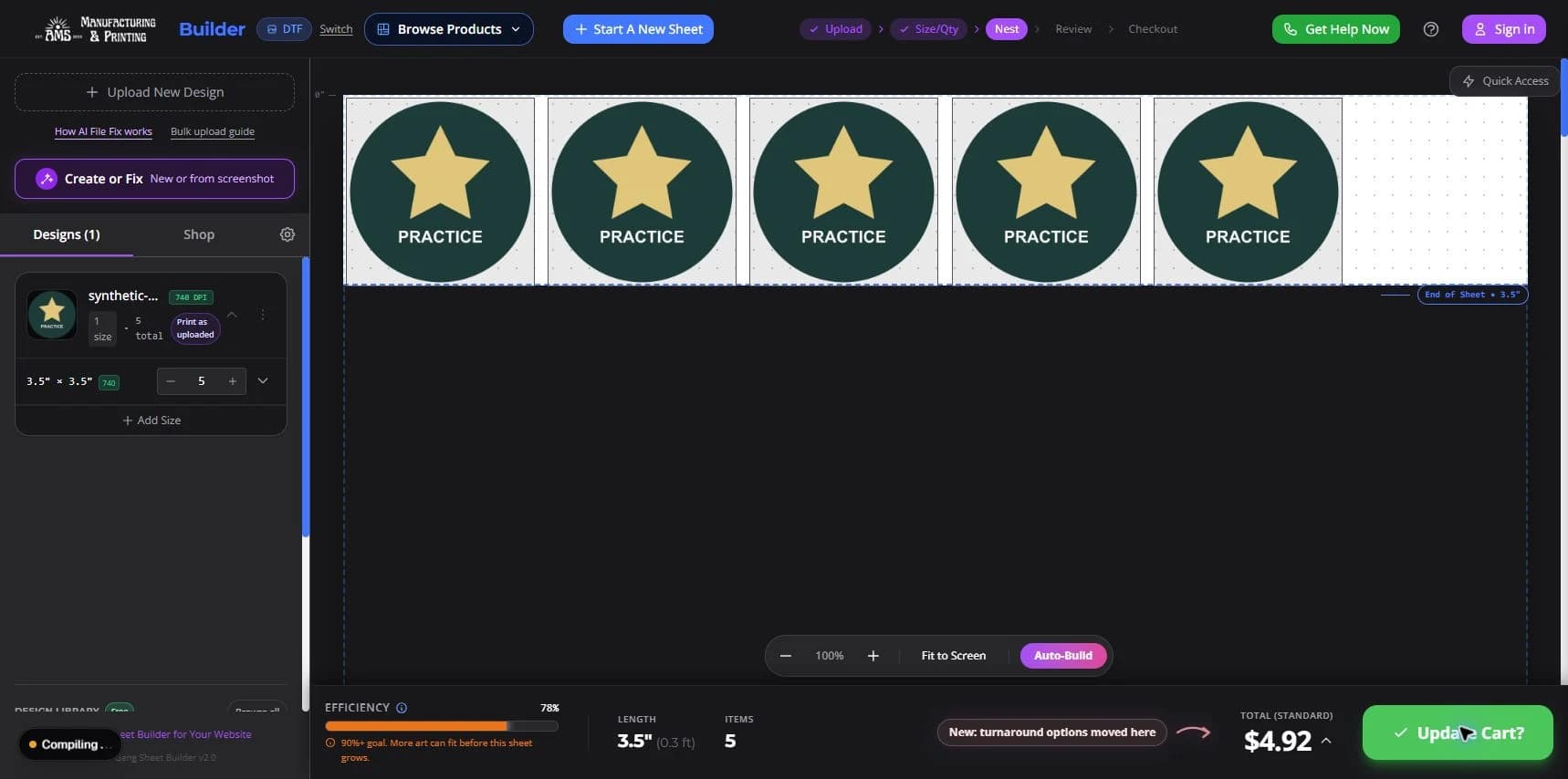 Real builder showing five practice copies and the green Update Cart question button.