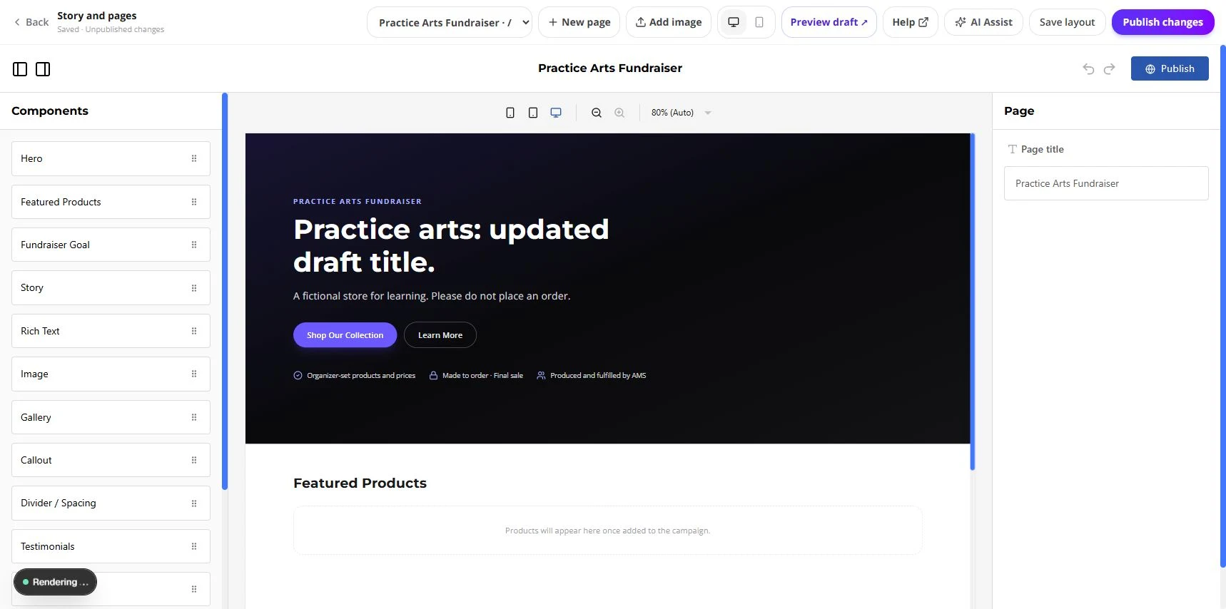 Story and pages showing Saved · Unpublished changes, layout controls, and the private Preview draft link.