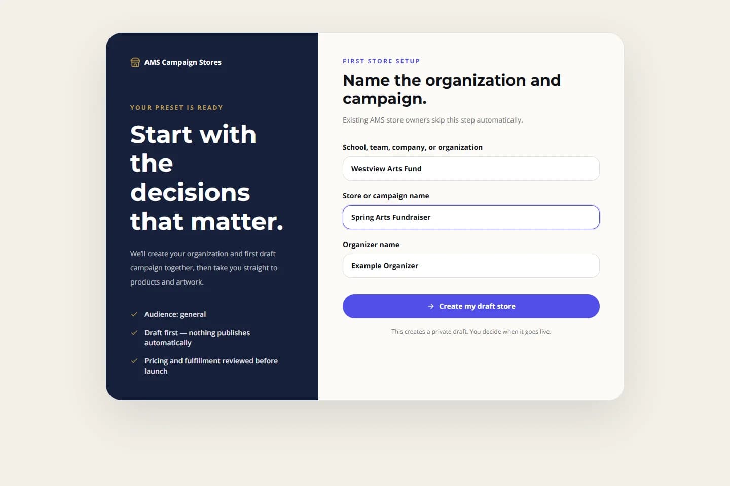 First store setup with organization, campaign, and organizer name fields.
