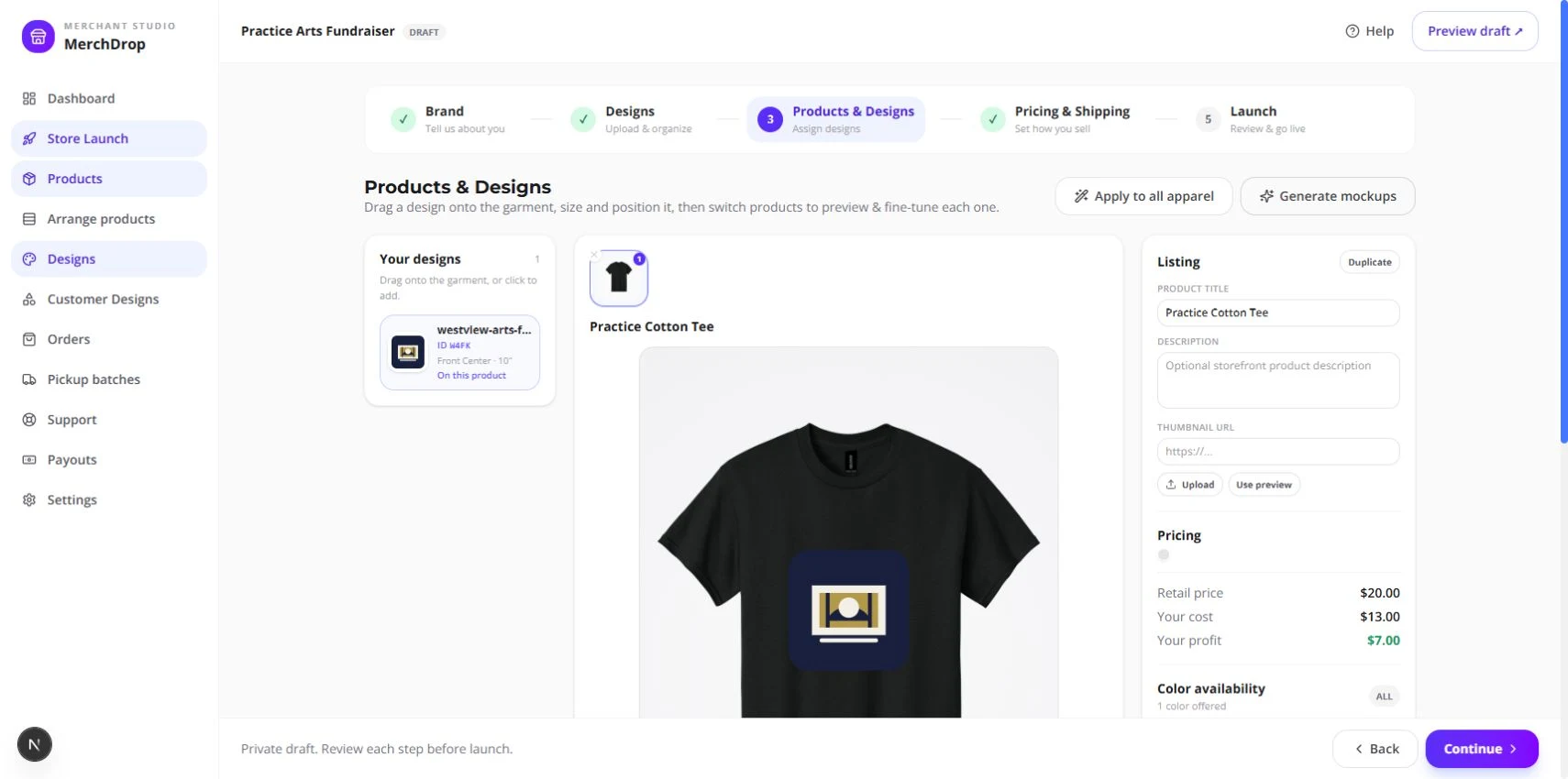 Products & Designs with fictional artwork on a black practice shirt and its example cost and retail price.