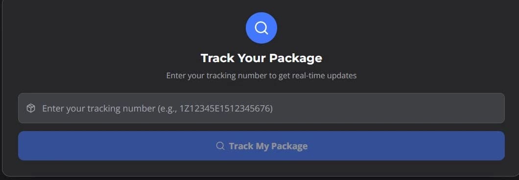 AMS shipment tracking with a Tracking Number field and Track My Package button.