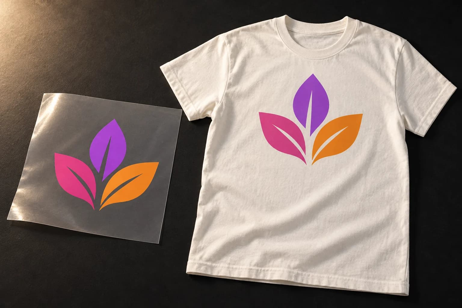 Educational illustration: a loose transfer on film beside a shirt with the same fictional design already printed.