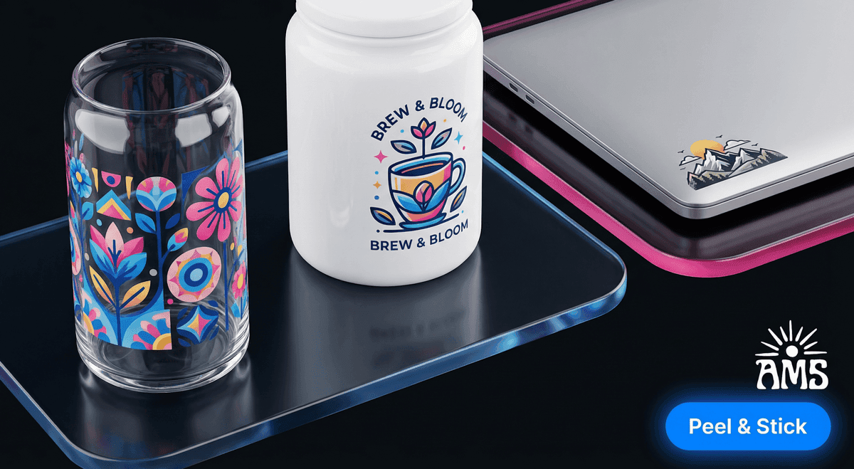 UV DTF peel-and-stick transfers applied to a tumbler cup, water bottle, and laptop — full-color hard-goods decoration with no heat press