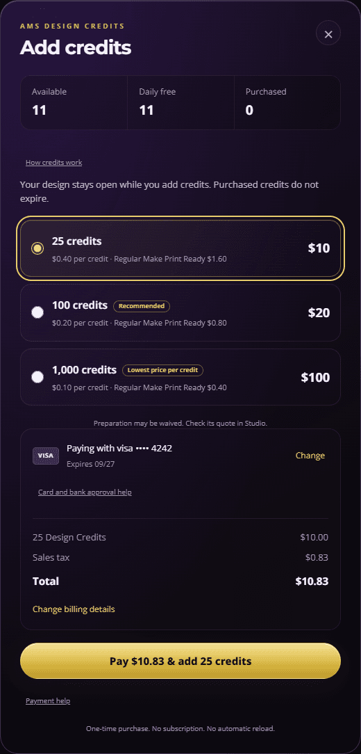Actual Add credits screen showing daily and purchased balances, three one-time packs, a regular preparation comparison and payment help