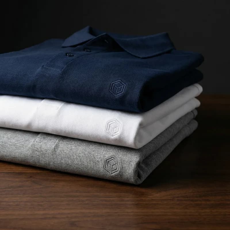 Stacked custom branded polo shirts in navy, white, and gray