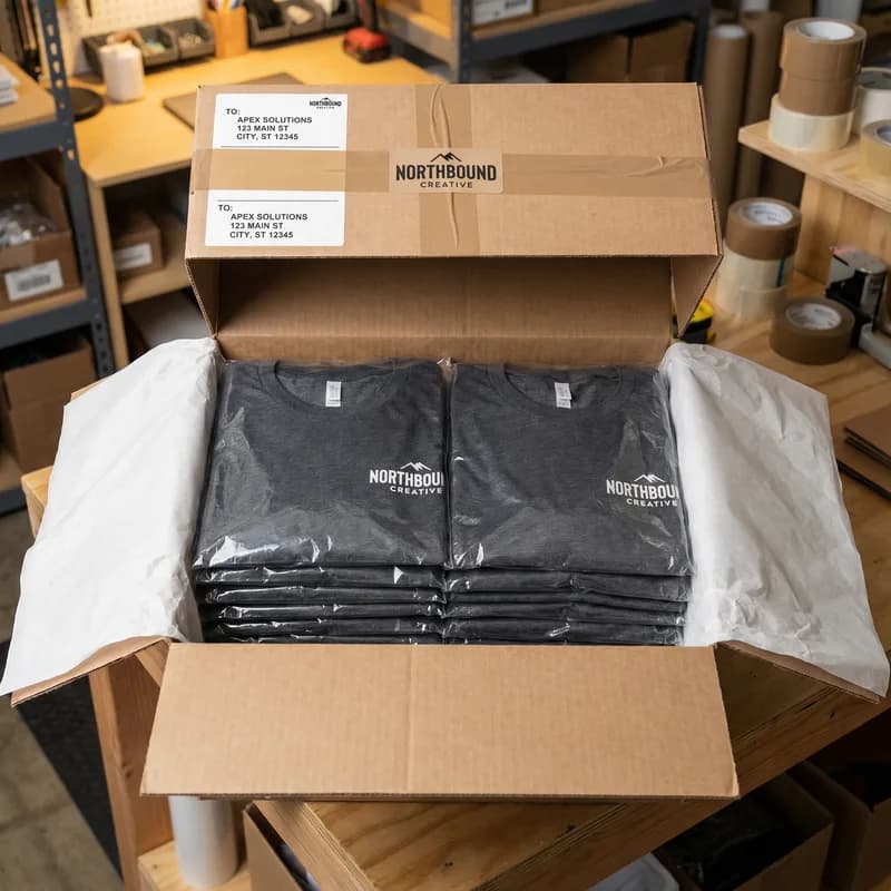 Custom company shirts packaged and ready for delivery