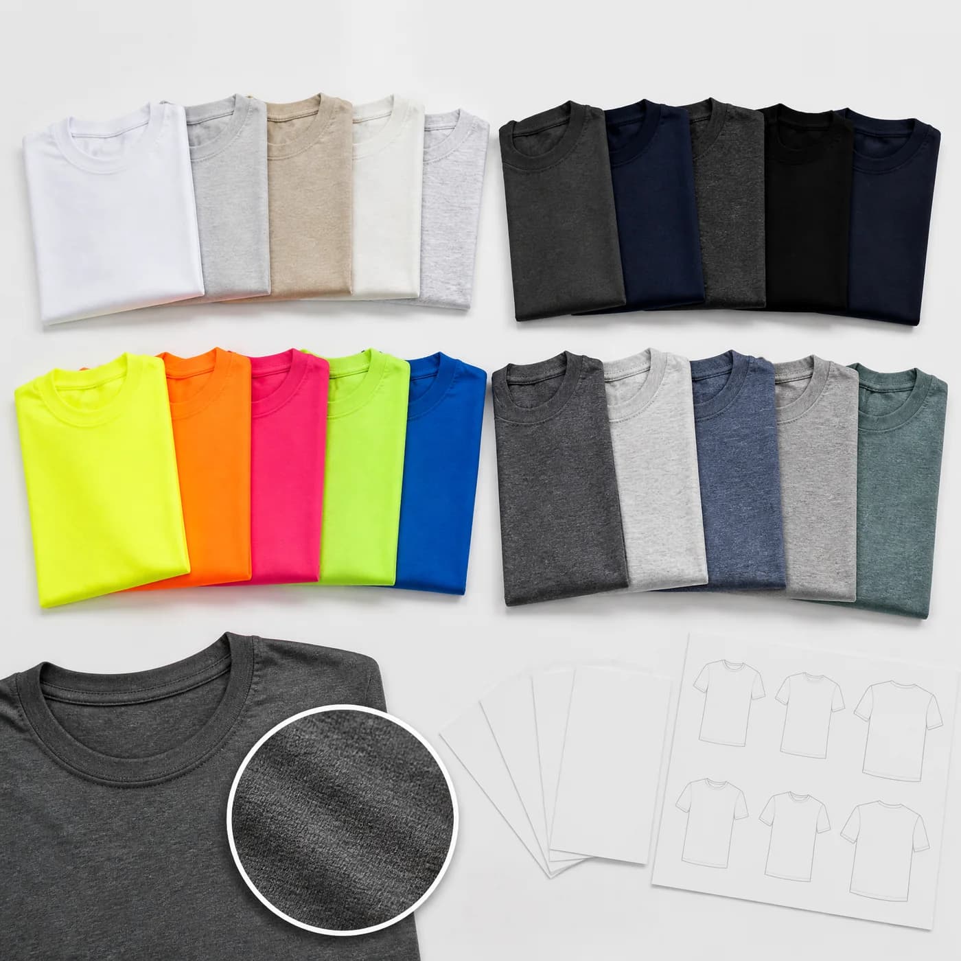 DryBlend color family comparison showing light, dark, safety, and heather shirt options