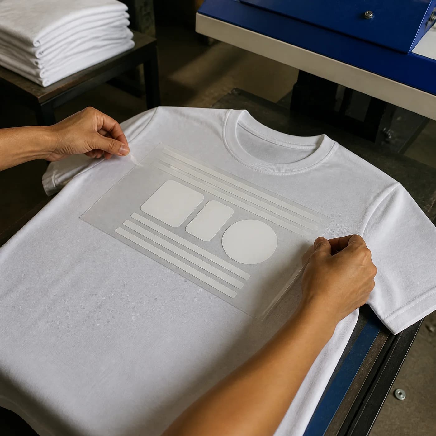 DTF transfer aligned on a plain DryBlend style T-shirt before pressing