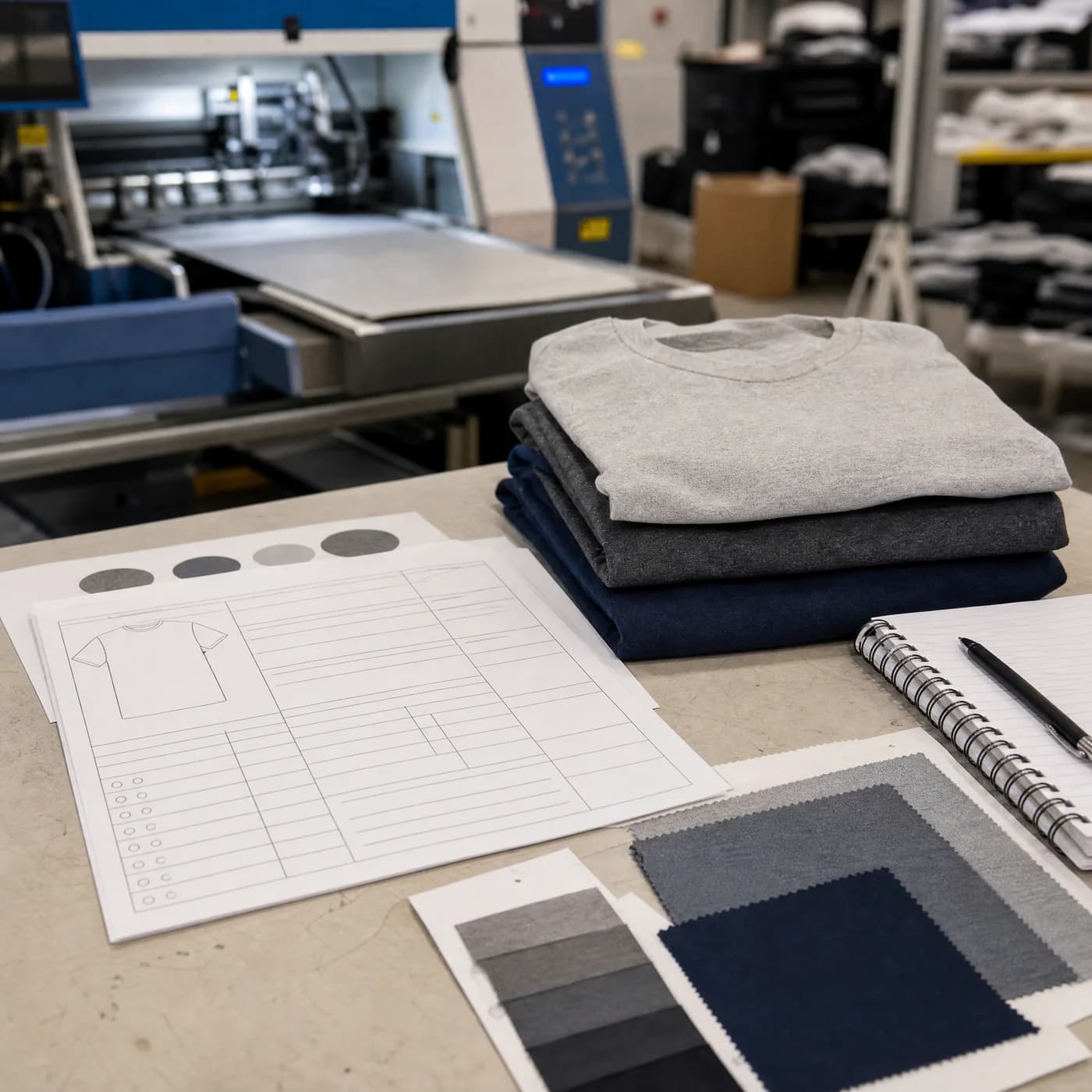 AMS order planning notes beside garment swatches and transfer samples