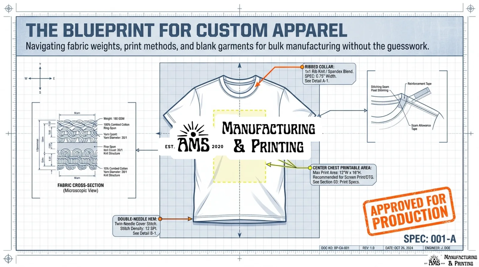 Blueprint-style custom apparel diagram showing a T-shirt blank, fabric cross-section, ribbed collar, printable area, and double-needle hem specs.
