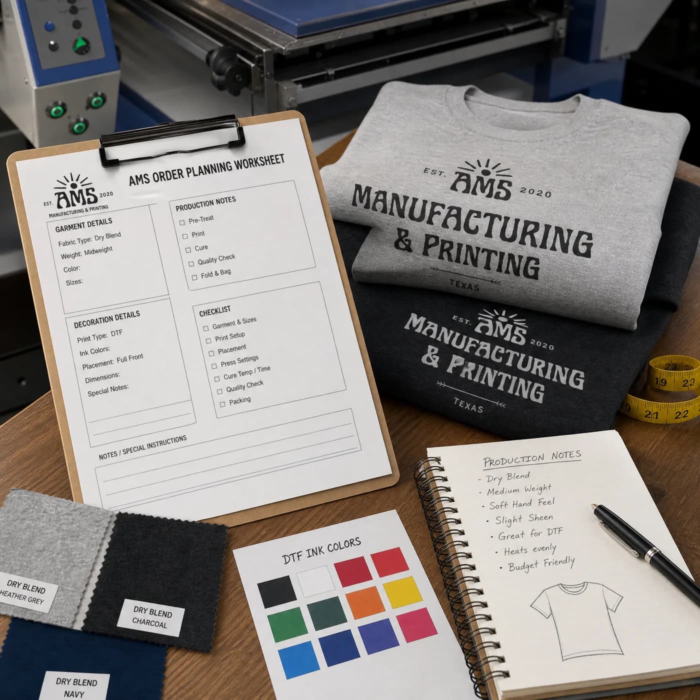 Shop context image showing dry blend shirt planning with swatches and order notes